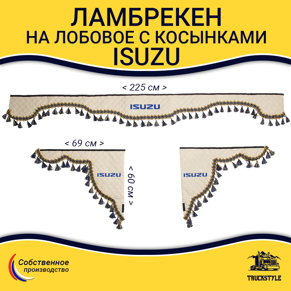 Ламбрекен с косынками стеганые Isuzu (экокожа, бежевый, синие кисточки)