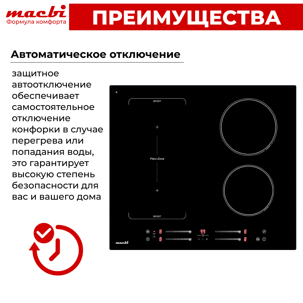 Варочная панель индукционная GK-IF 607228 EBF - NanoMat с функцией бустер, зоной расширения Flexi-Zone, непрерывный нагрев "Инверторная" технология, 4 конфорки MACBI