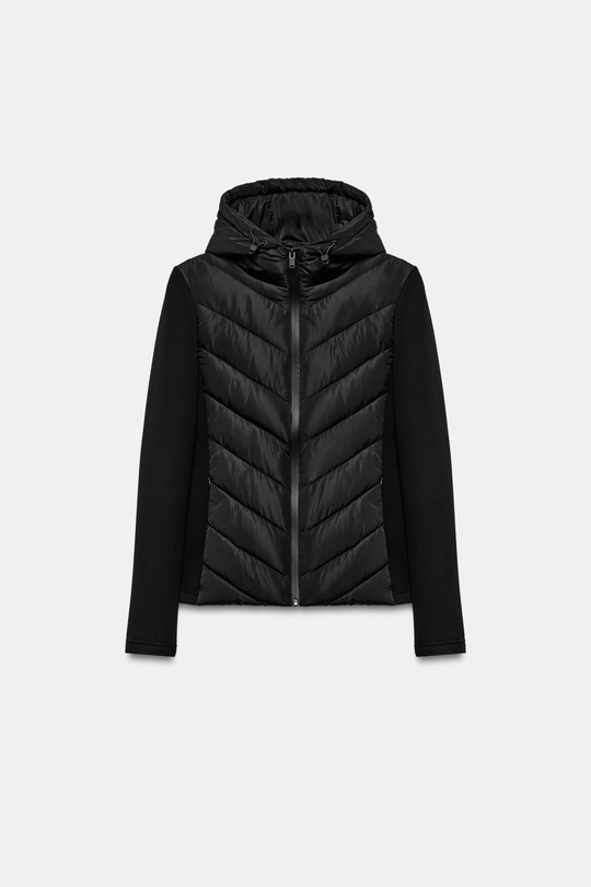 ZARA КОМБИНИРОВАННЫЙ ПУХОВИК С КАПЮШОНОМ, ЧЕРНЫЙ