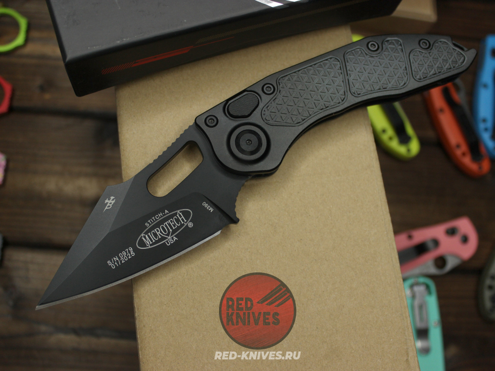 Нож Microtech Stitch Tactical Black AL + пружина A+++ - тактический черный, рукоять алюминий