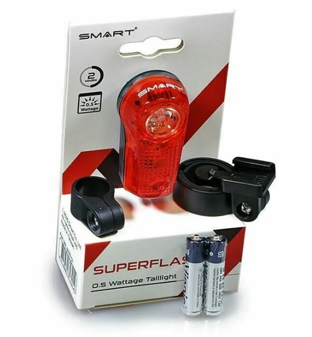 Фонарь SMART SUPERFLASH задний , 3 диода (1- 0,5 W с линзой), 2 режима, крепеж на подседельный штырь/верхнее перо, батарейки в комплекте