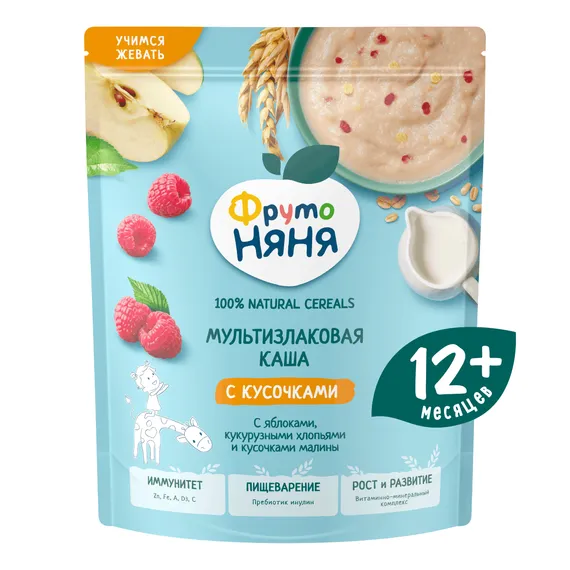 Каша молочная ФрутоНяня мультизлаковая яблоко кукурузные хлопья кусочки малины 190г