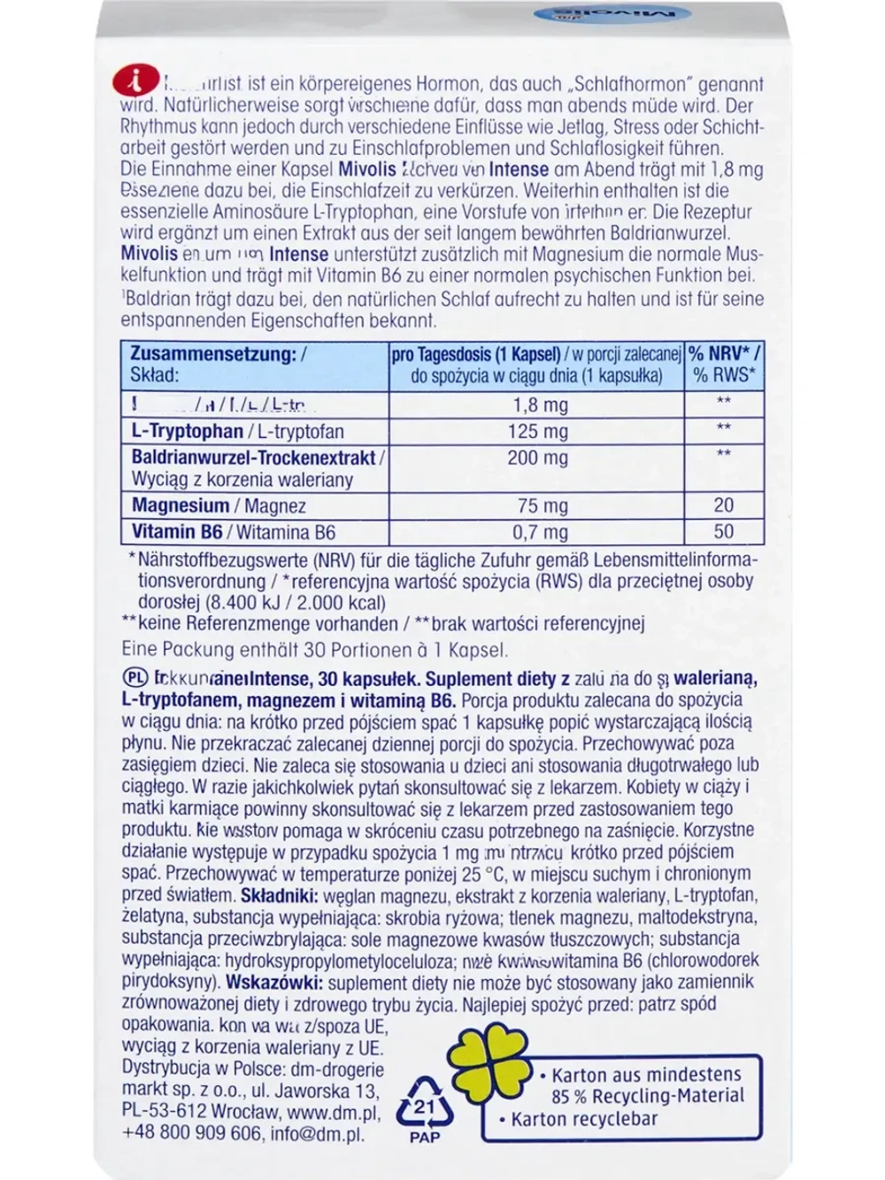 Mivolis Мелатонин капсулы интенсив для комфортно сна, 1.8 мг, 30 шт