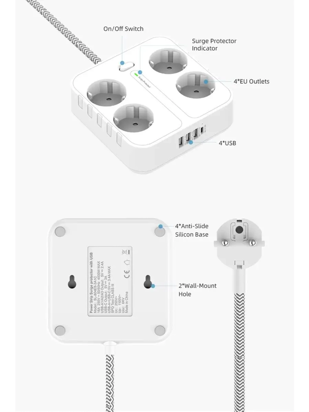 Сетевой фильтр на 4 розетки, 3 USB, 1 TYPE-C