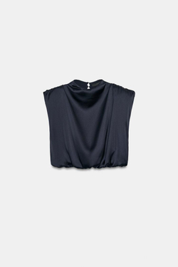 ZARA АТЛАСНЫЙ ТОП С ПОДПЛЕЧНИКАМИ, МОРСКОЙ ТЕМНО-СИНИЙ
