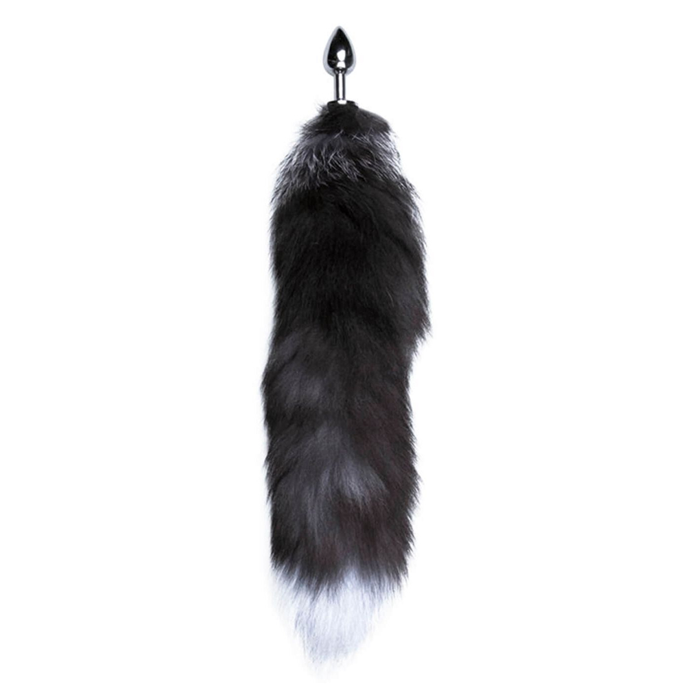 Серебристая анальная пробка с темным лисьим хвостом Black & White Fox Tail Size S (Цвет: серебристый)