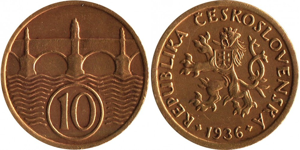 Чехословакия 10 геллеров, 1922 - 1938 Карлов мост XF