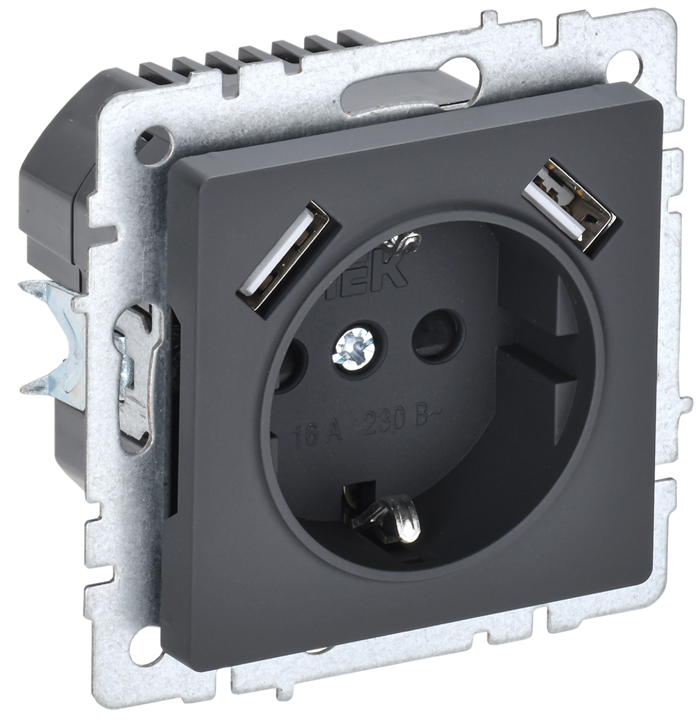 BRITE Розетка 1-местная с заземлением с защитными шторками 16А с USB A+A 5В 3,1А РЮш10-2-БрГ графит IEK