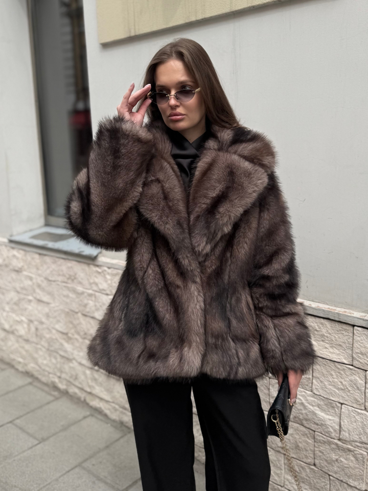 Шуба из эко меха Селин шиншилла темная