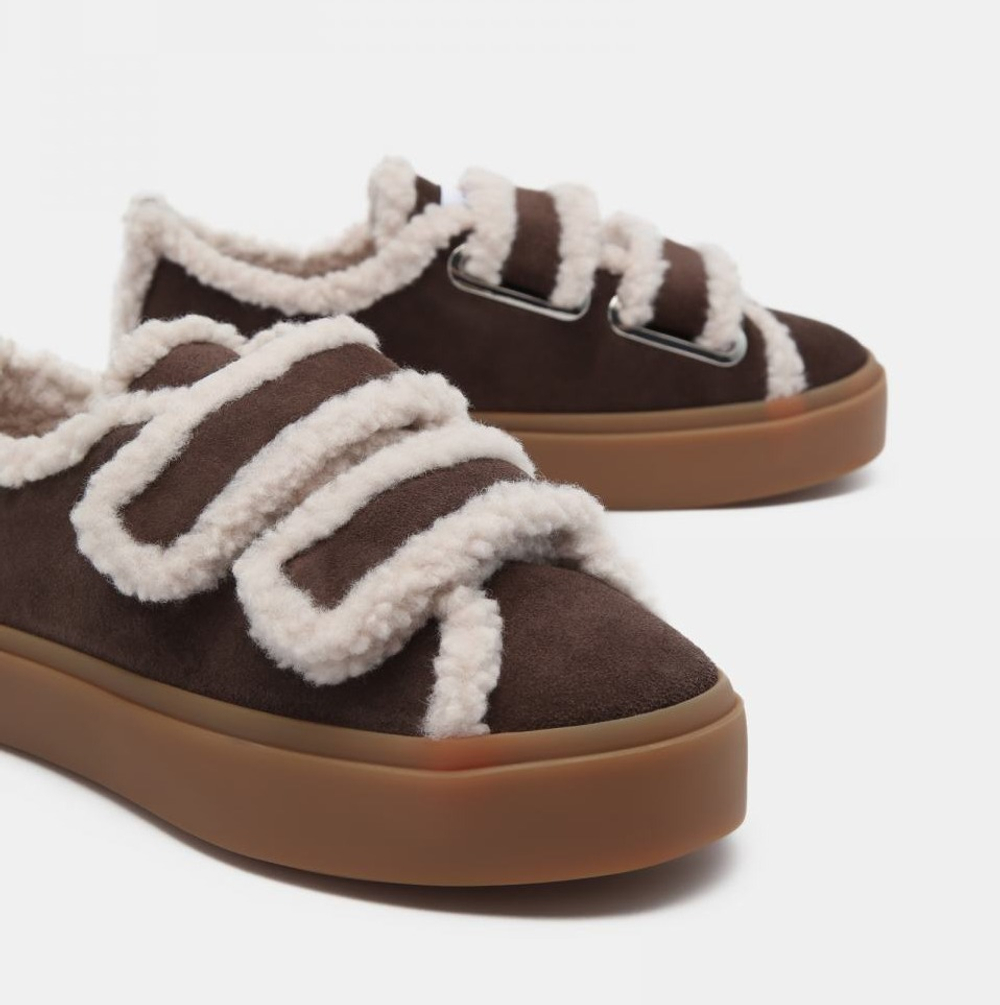 Замшевые кеды INUIKII Shearling Low Velcro Dark Brown на меху