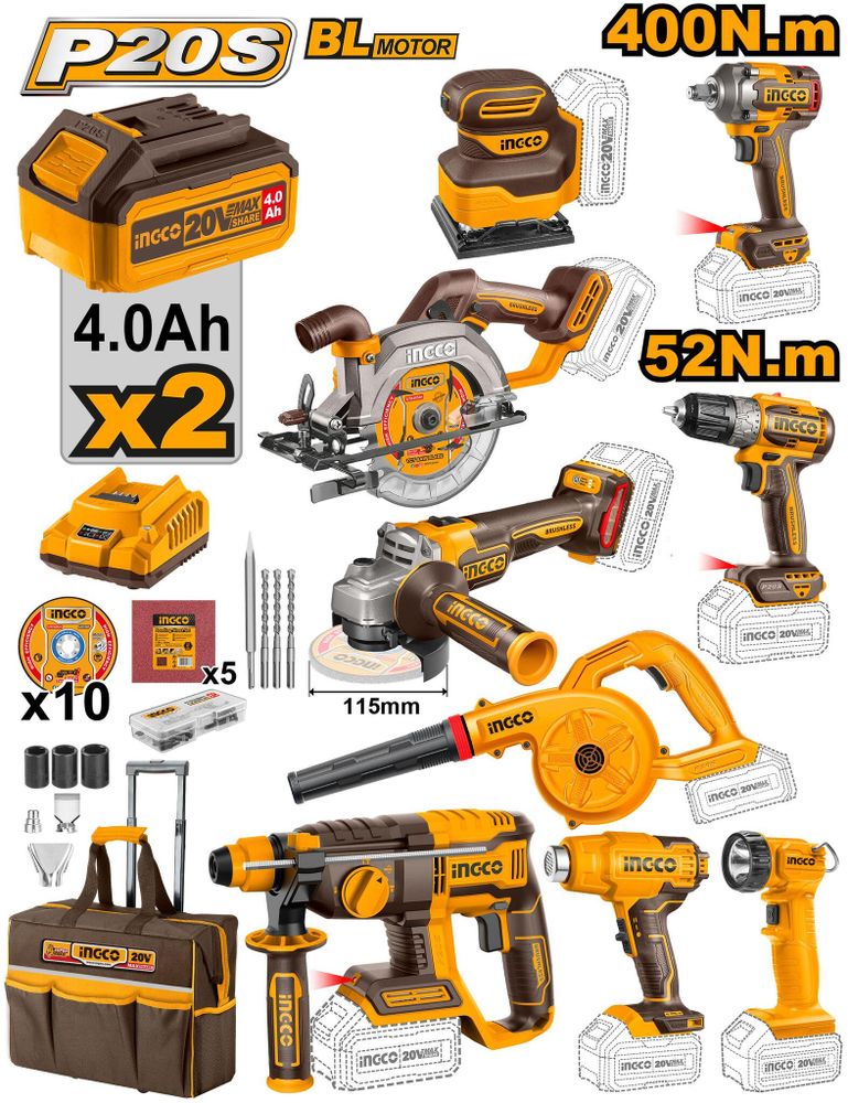 Набор аккумуляторного инструмента INGCO CKLI2098 20 В 9 шт.