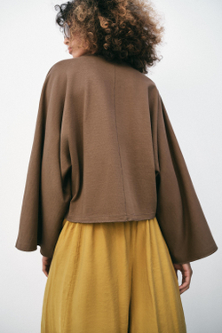 ZARA ХЛОПКОВАЯ ФУТБОЛКА С ШИРОКИМИ РУКАВАМИ, СЕРО-КОРИЧНЕВЫЙ