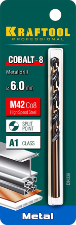 KRAFTOOL COBALT-8, 6.0 х 93 мм, сталь М42, HSS-Co(8%), сверло по металлу (29656-6)