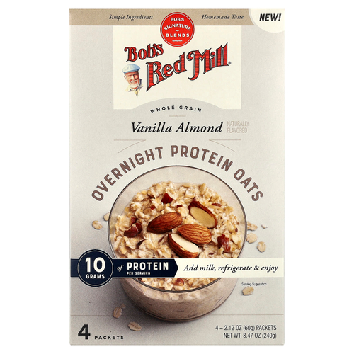 Bob's Red Mill, Overnight Protein Oats, цельнозерновые продукты, ваниль и миндаль, 4 пакетика по 60 г (2,12 унции)