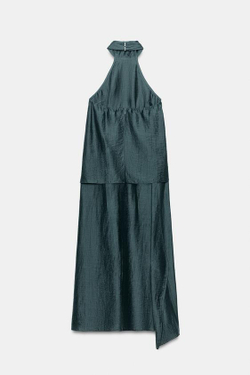 ZARA ЛЬНЯНОЕ ПЛАТЬЕ МИДИ С ГОРЛОВИНОЙ ХАЛТЕР, СВИНЦОВЫЙ