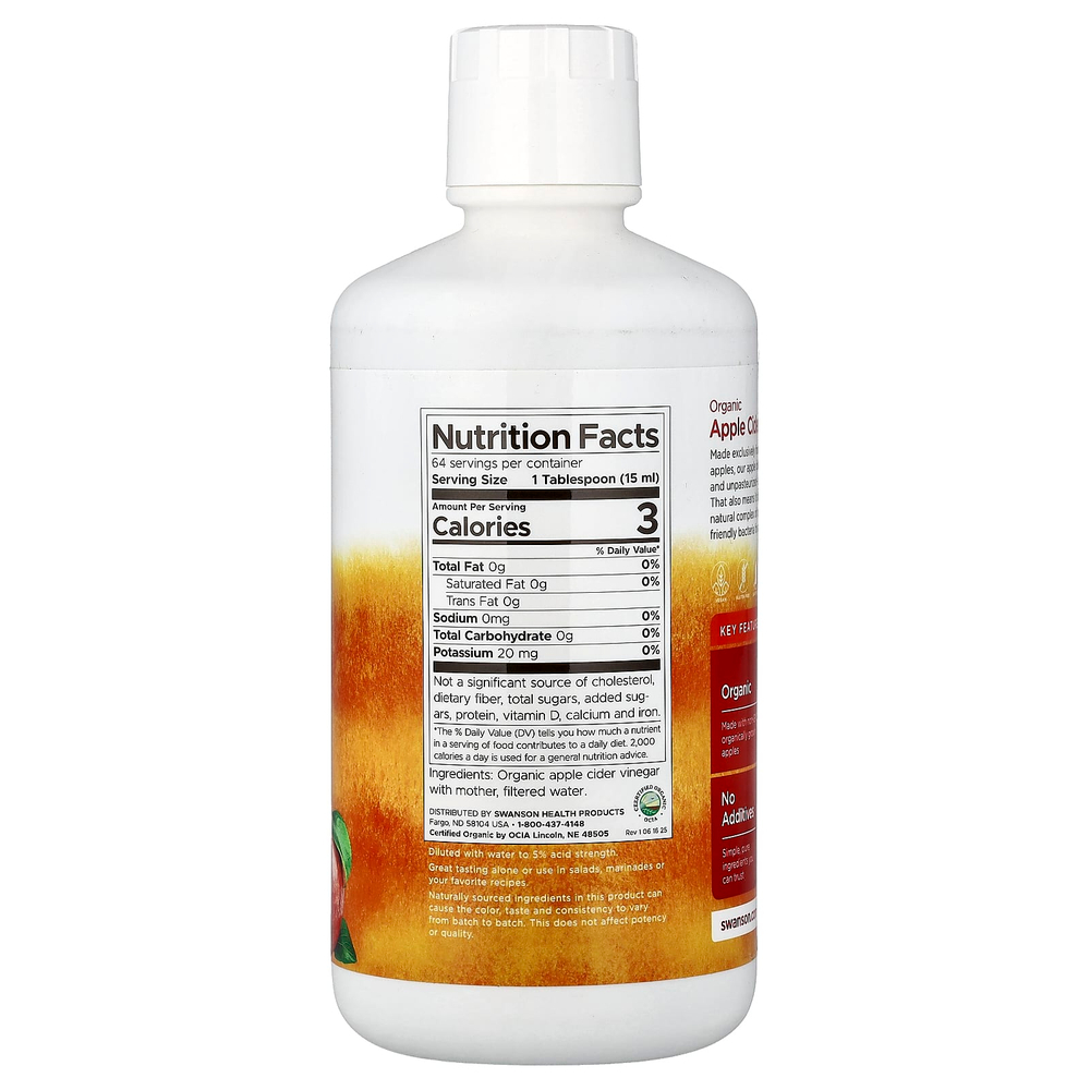Swanson Vitamins, органический яблочный уксус с уксусной маткой, 946 мл (32 жидк. унции)
