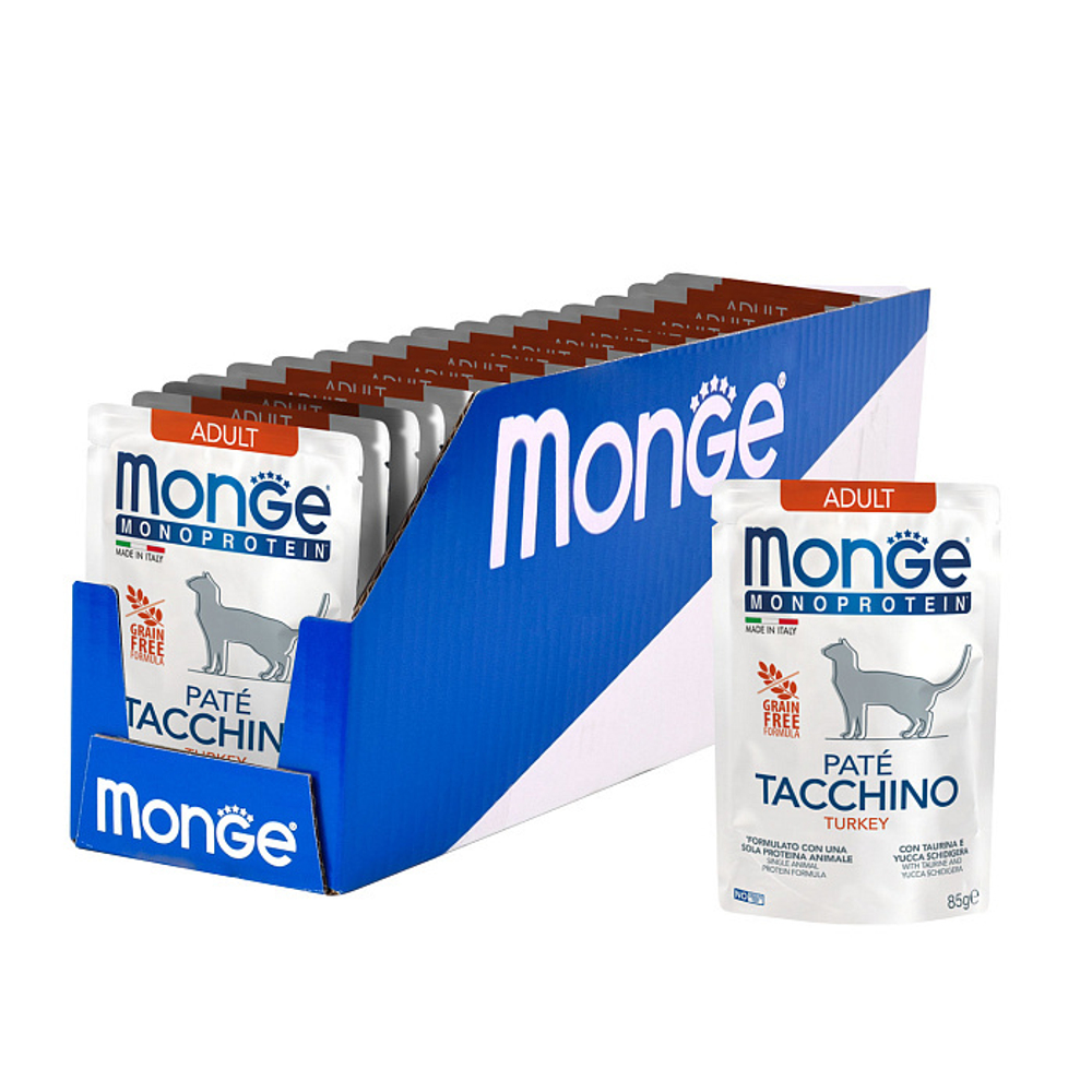 Влажный корм Monge Cat Monoprotein для взрослых кошек, из индейки, паучи 85 г - 28 шт