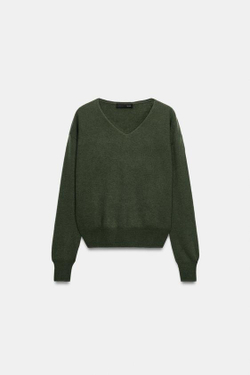 ZARA СВИТЕР ИЗ МЯГКОЙ 100% ШЕРСТИ С V-ОБРАЗНЫМ ВЫРЕЗОМ, ЗЕЛЕНОВАТЫЙ