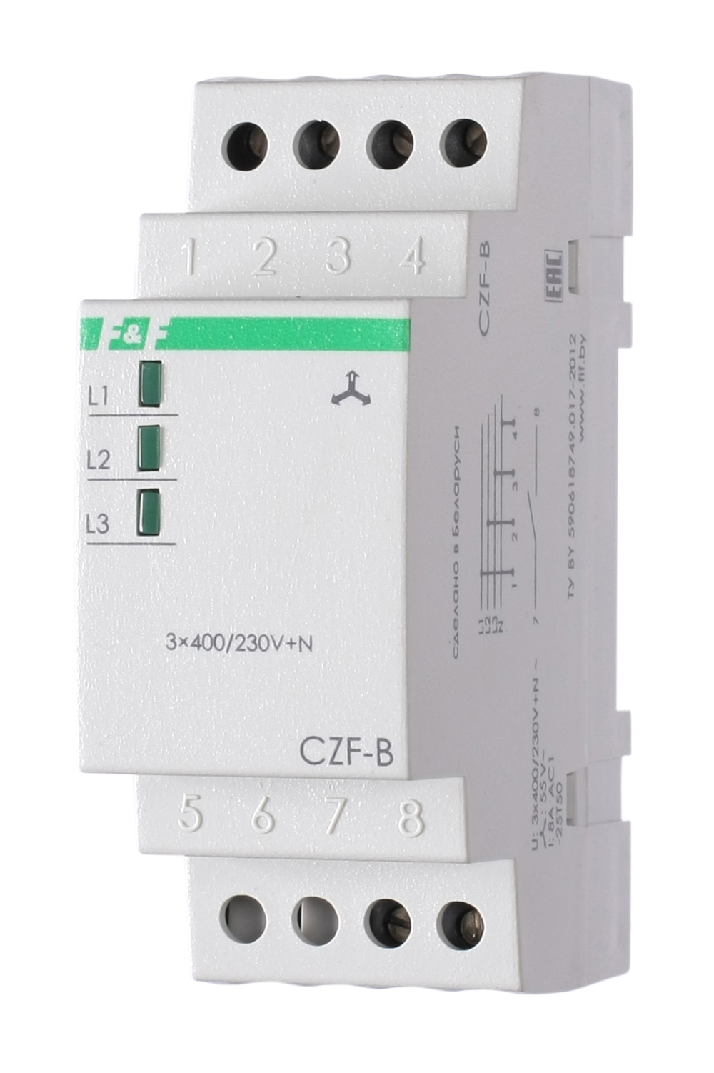 Реле контроля фаз CZF-B 3х400/230+N 8А 1перекл. IP20