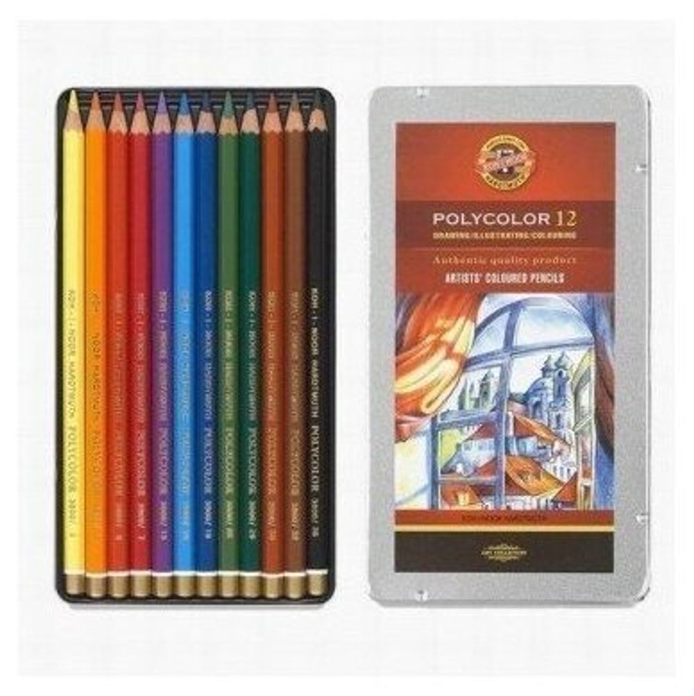 Карандаши цветные художественные 12 ЦВЕТОВ KOH-I-NOOR "Polycolor", 3,8 мм, металлическая коробка, 3822/12, 3822012002PL