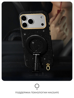 Чехол PYNANA для iPhone 18 Pro кожа, кристаллы, черный