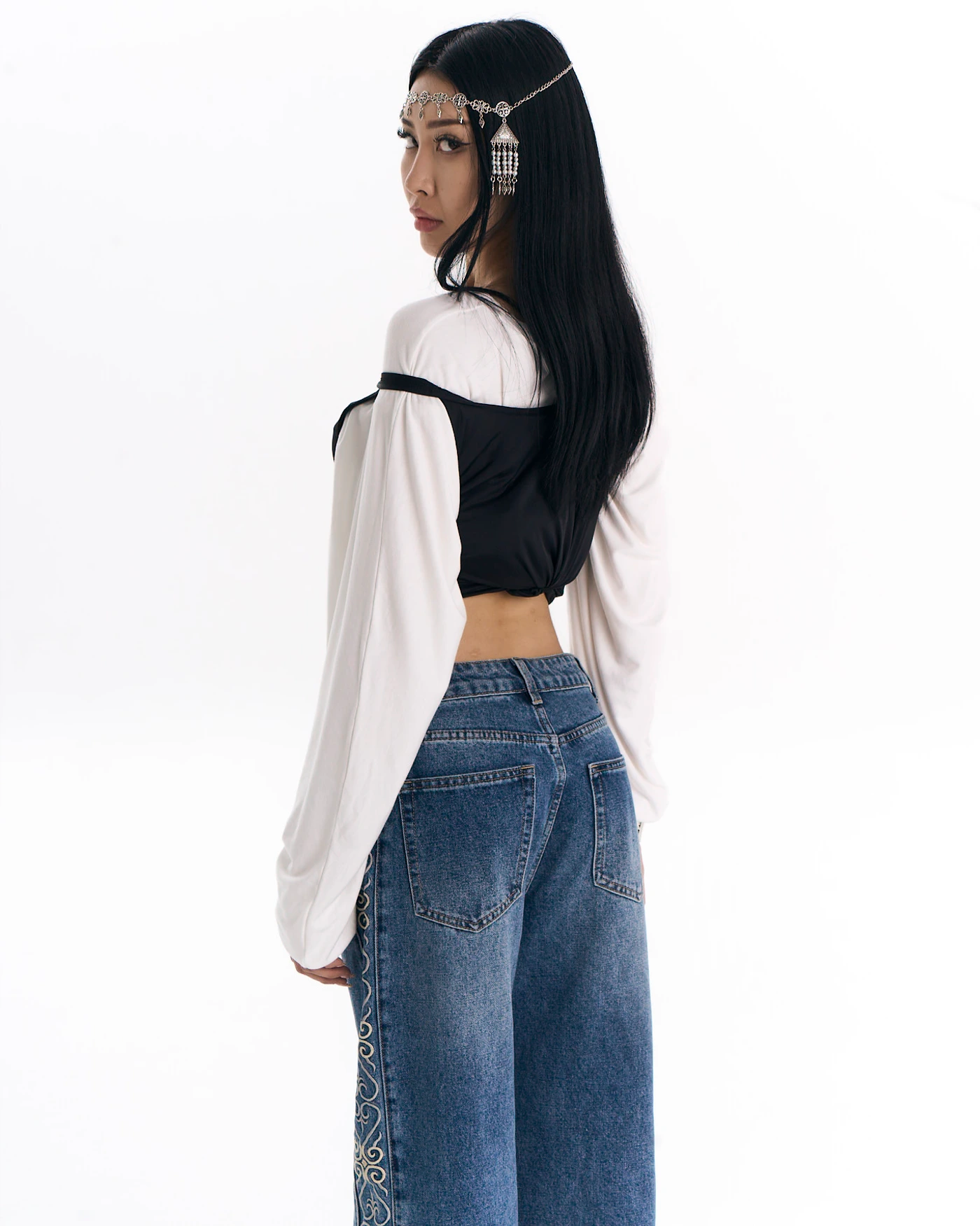 Medium Dark Blue Jeans with Side Embroidery and Stone Wash Effect