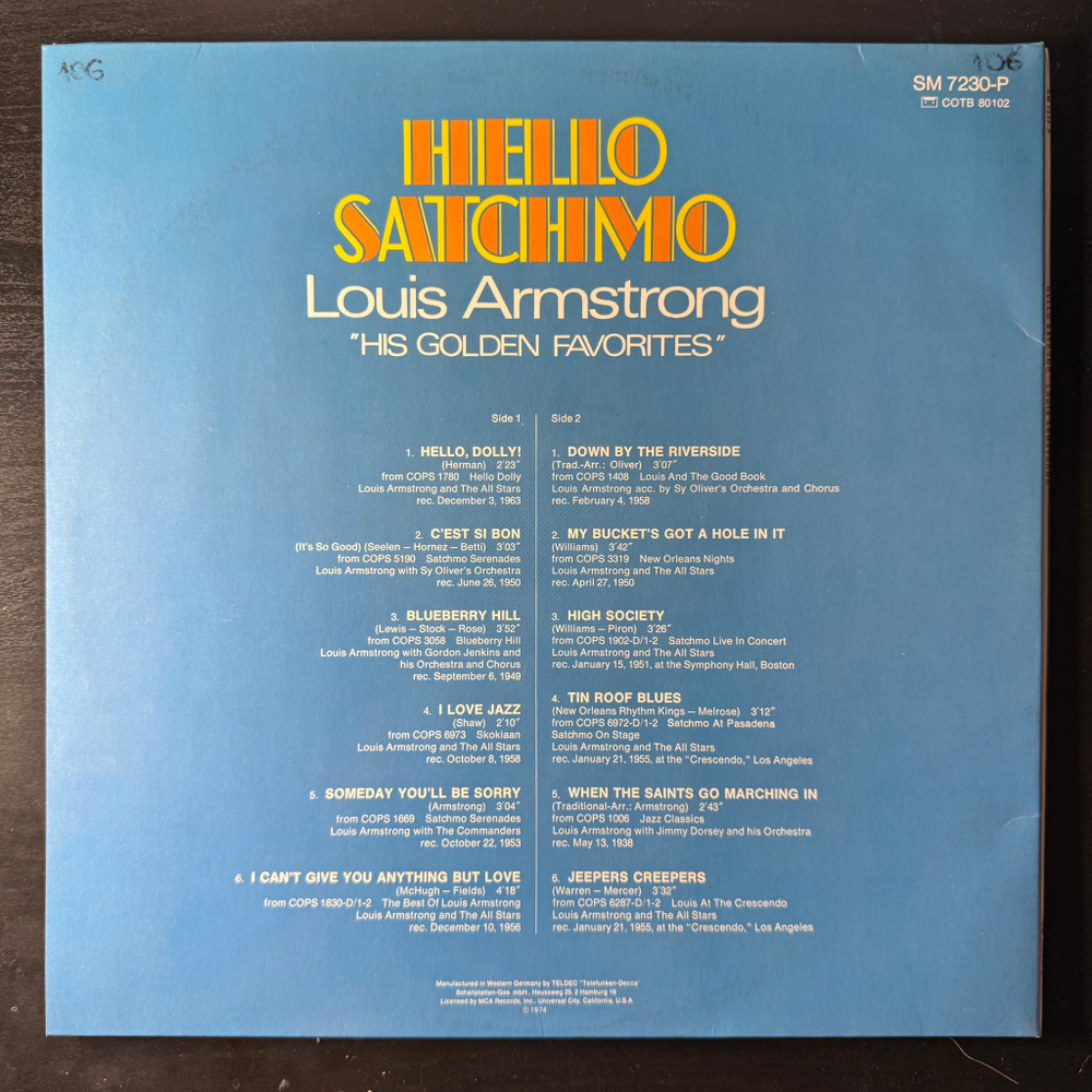 Louis Armstrong ‎– Hello Satchmo - His Golden Favorites (Германия 1974г.)