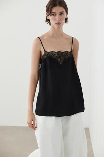Massimo Dutti Топ в бельевом стиле с кружевом, черный