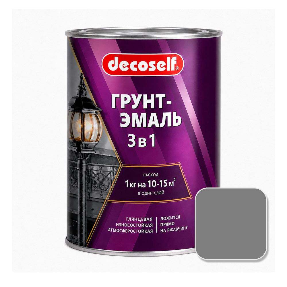 Грунт-эмаль Decoself быстросохнущая 3 в 1 ПУФАС серый (глянц) 0,9 кг