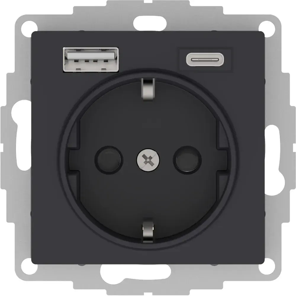 ATLASDESIGN РОЗЕТКА 16А c 2 USB A+С, 5В/2,4А/3,0А, 2х5В/1,5А, механизм, КАРБОН