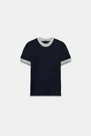 ZARA ФУТБОЛКА В РУБЧИК С КОНТРАСТНОЙ ОТДЕЛКОЙ, СИНИЙ/ЧЕРНЫЙ