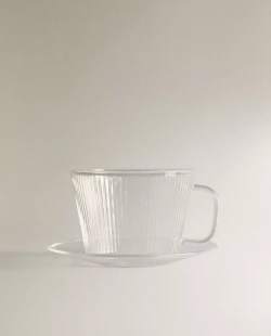 ZARA HOME ЧАЙНАЯ ЧАШКА И БЛЮДЦЕ ИЗ ТЕРМОСТОЙКОГО СТЕКЛА, ПРОЗРАЧНЫЙ