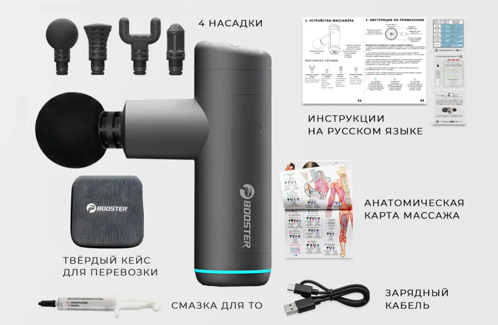 Комплектация массажного пистолета Booster Mini X  4 насадки, инструкции на русском, кейс и зарядный кабель