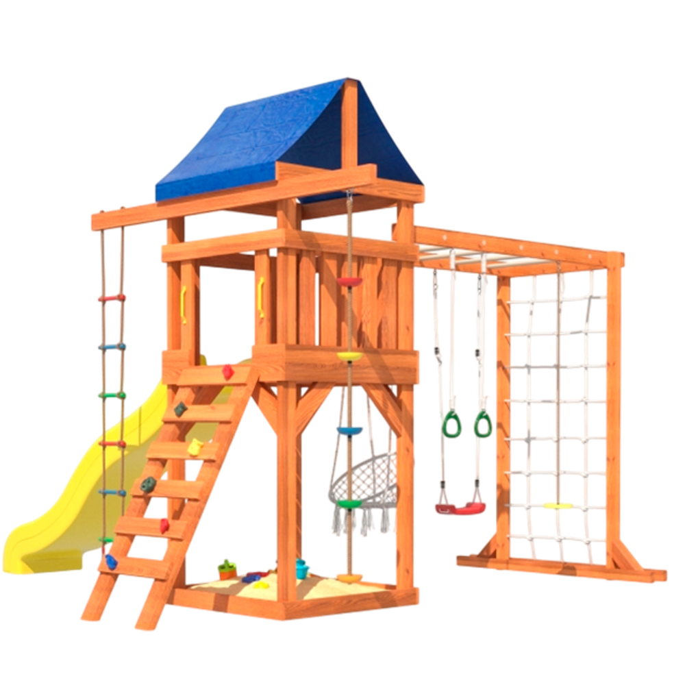 Детская площадка Fun Land с модулем сетка-рукоход, подвесным креслом и качелями