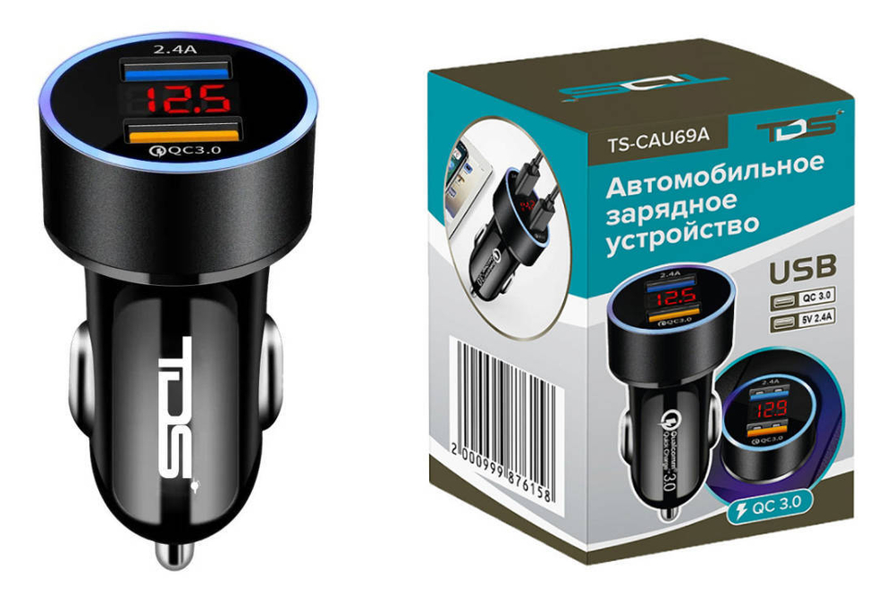 Автомобильная зарядка QC3.0+USB с вольтметром TDS TS-CAU69A