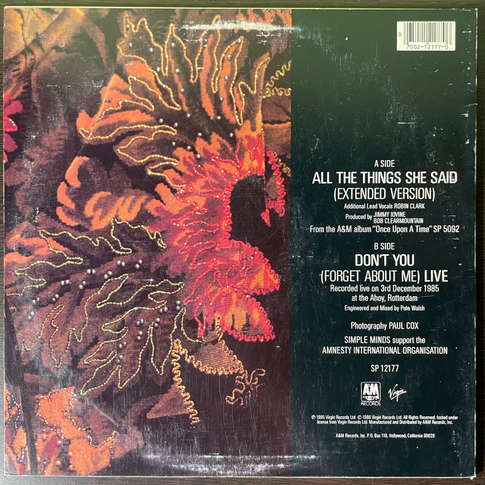 Simple Minds ‎– All The Things She Said / Don't You (Forget About Me) Live (США 1986г.) 12", 45 RPM
