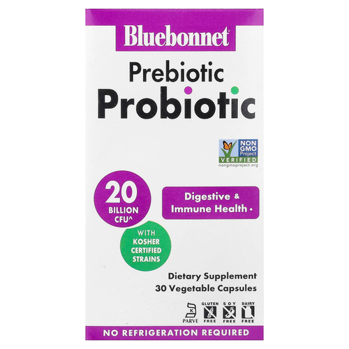 Bluebonnet Nutrition, пребиотик и пробиотик, 30 растительных капсул
