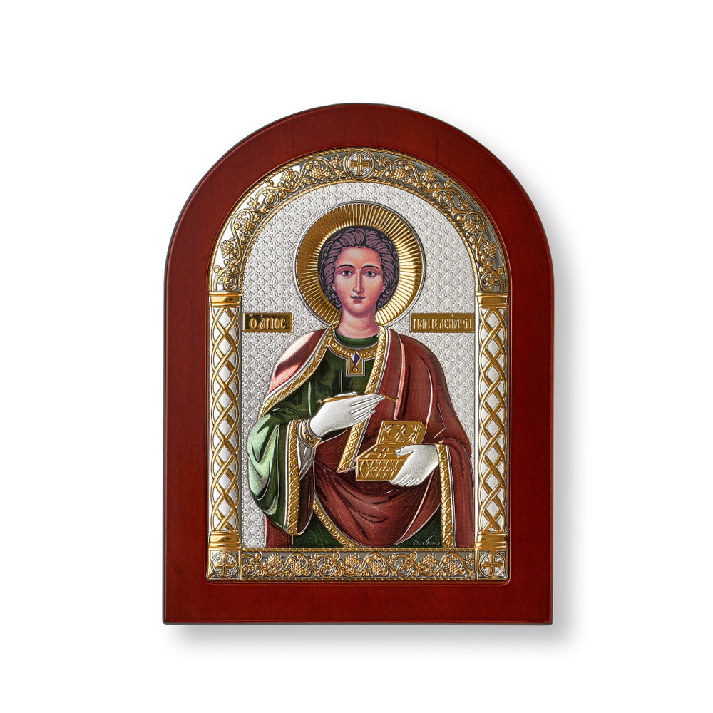 Пантелеймон, икона арочная, красное дерево, эмаль 175х225