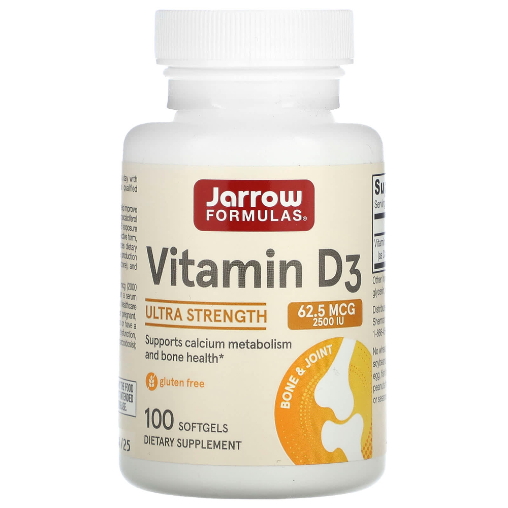 Jarrow Formulas, Витамин D3, сверхсила, 62,5 мкг (2500 МЕ), 100 мягких таблеток