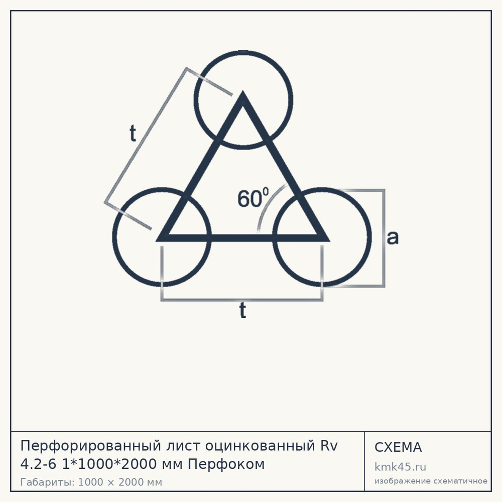 Схема с габаритами: Перфорированный лист оцинкованный Rv 4.2-6 1*1000*2000 мм Перфоком