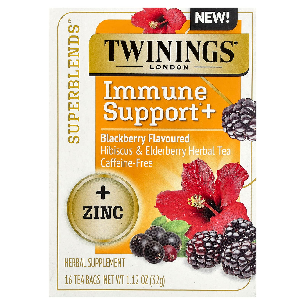 Twinings, Superblends™, поддержка иммунитета, травяной чай с гибискусом и бузиной, ежевика, без кофеина, 16 чайных пакетиков, 32 г (1,12 унции)