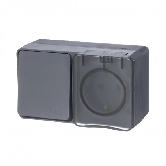 Блок розетка + выключатель одноклавишный IP54 Systeme Electric AtlasDesign Profi54 Антрацит ATN544070