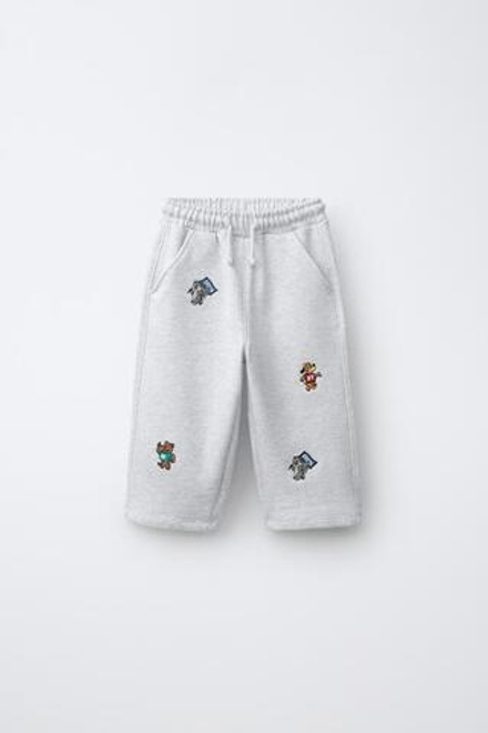 ZARA БРЮКИ-ДЖОГГЕРЫ ИЗ МЯГКОЙ ТКАНИ С ВЫШИВКОЙ ЖИВОТНЫХ, СЕРЫЙ МЕЛАНЖ