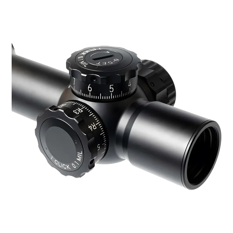 Прицел March-F 1-10x24 Shorty DR-TR1FB FFP+SFP 30мм, с кронштейном - крупный план объектива и барабанчиков