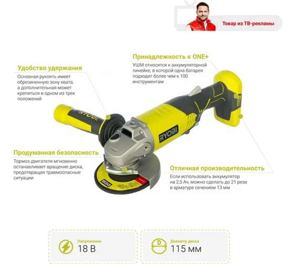 Аккумуляторная угловая шлифмашина Ryobi ONE+ R18AG-0 5133001903
