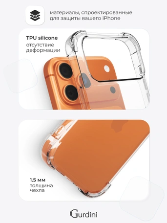 Чехол накладка iPhone 17 Pro / 18 Pro 6.3" Gurdini силикон противоударный 1.5 mm прозрачный