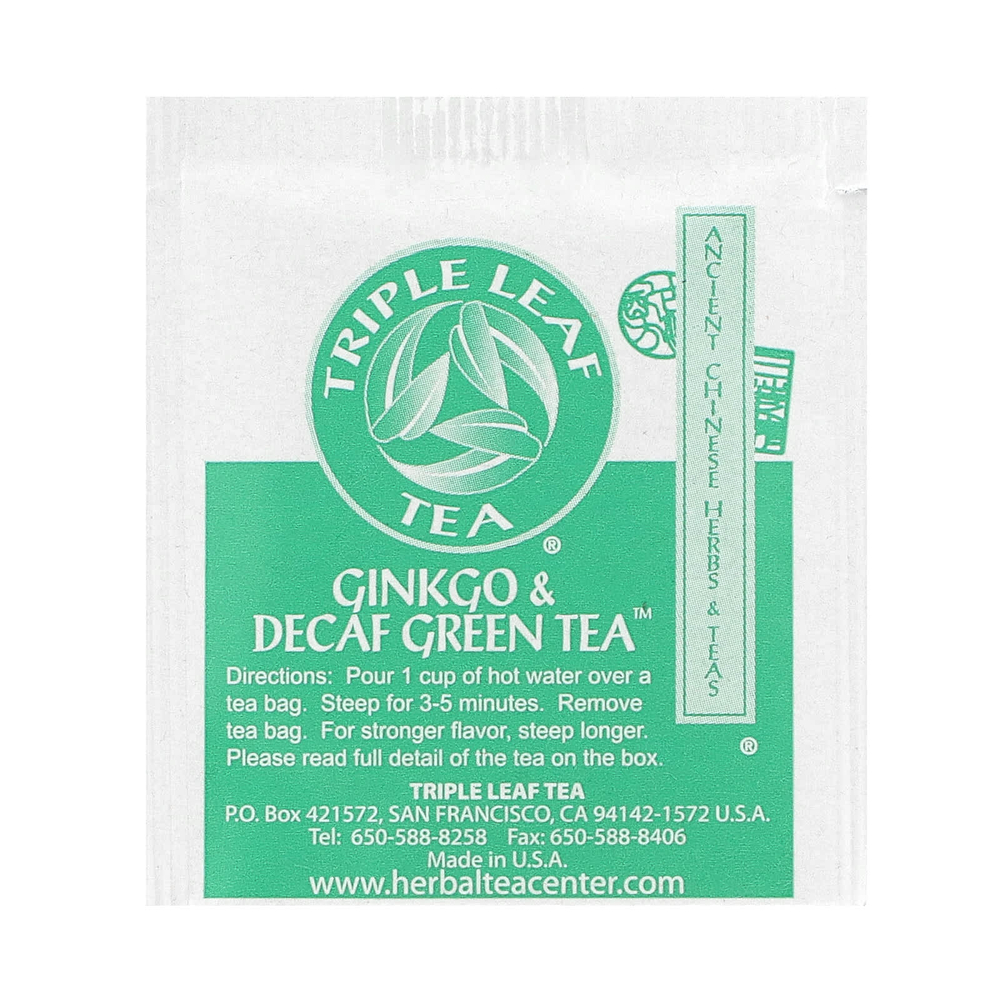Triple Leaf Tea, зеленый чай с гинкго и без кофеина, 20 чайных пакетиков, 36 г (1,27 унции)