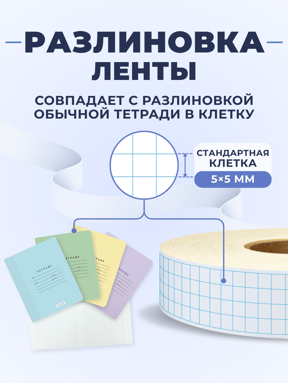 Клейкая лента для письма — тетрадная клетка 5×5 мм, 4 клетки по ширине (24 мм), 100 м