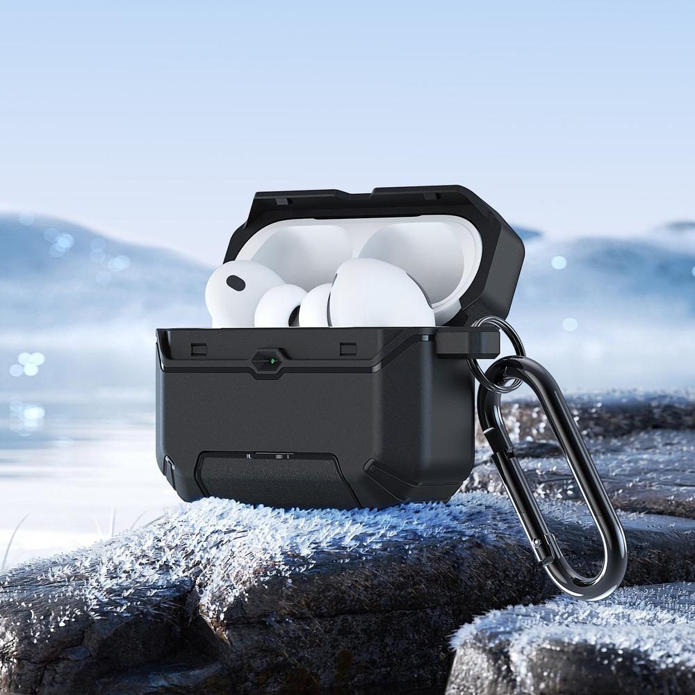 Противоударный чехол черного цвета для наушников AirPods Pro 2, серия PECS Series (с карабином и подставкой) от Dux Ducis