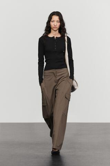 Massimo Dutti Футболка с воротником на пуговицах и длинными рукавами из 100% хлопка, черный
